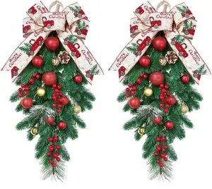 Christmas Swag Candy Cane Wreath, Teardrop Wreath with Bow, Vibrant Ornament Balls for Front Door Christmas Decorations, Perfect for Indoor Outdoor Use, Festive Holiday Decor (2pc)