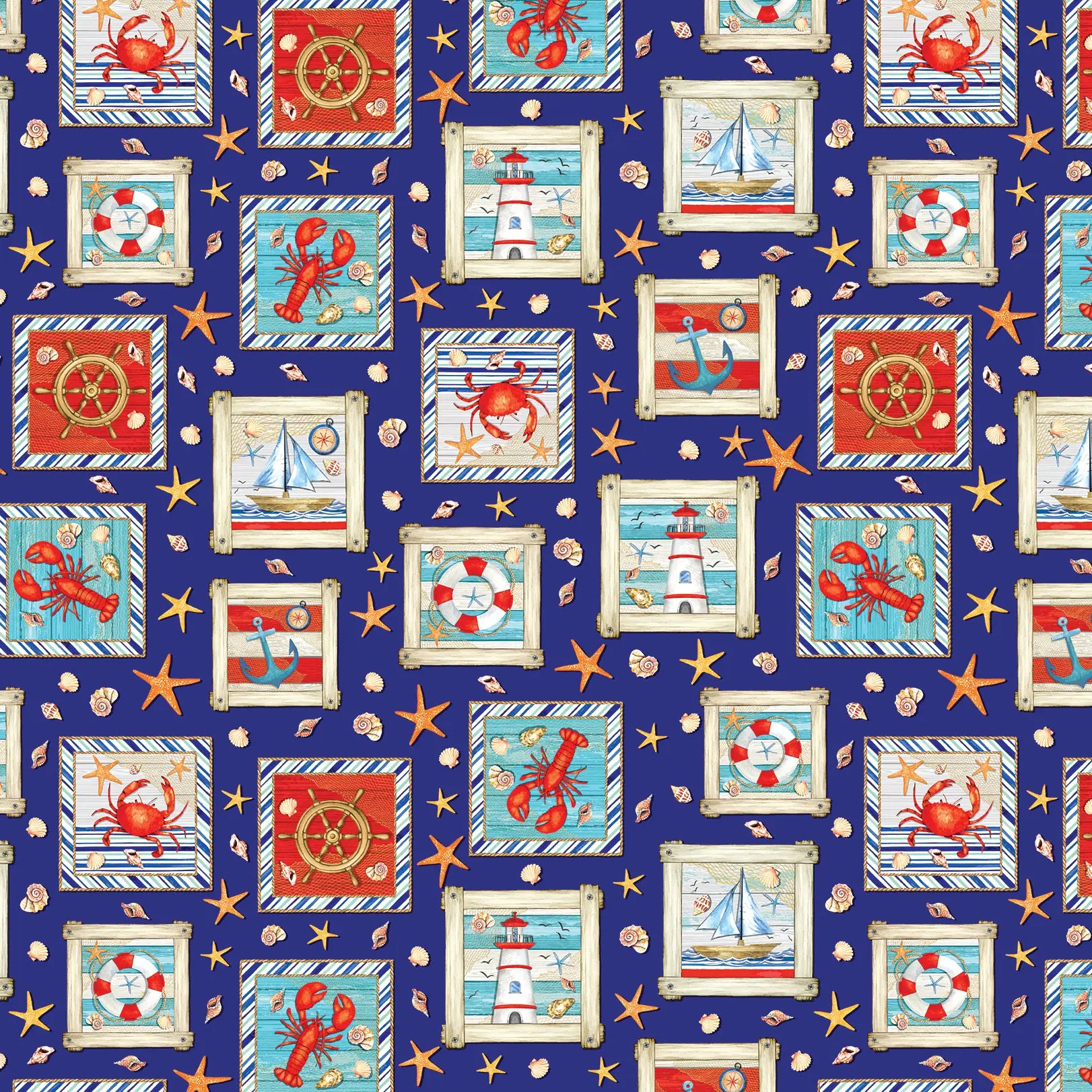 Coastal Patchwork Dark Royal – 100% Quilting Cotton Fabric by the Yard