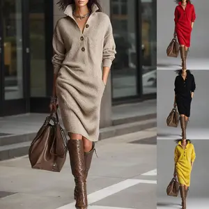 Lady's Korean Polyester Long-Sleeve Loose Comfortable Sweater Dress - Warm Mock Neck, V-Neck Button Pullover, 1-Piece Winter Casual Commuting Casual Wear