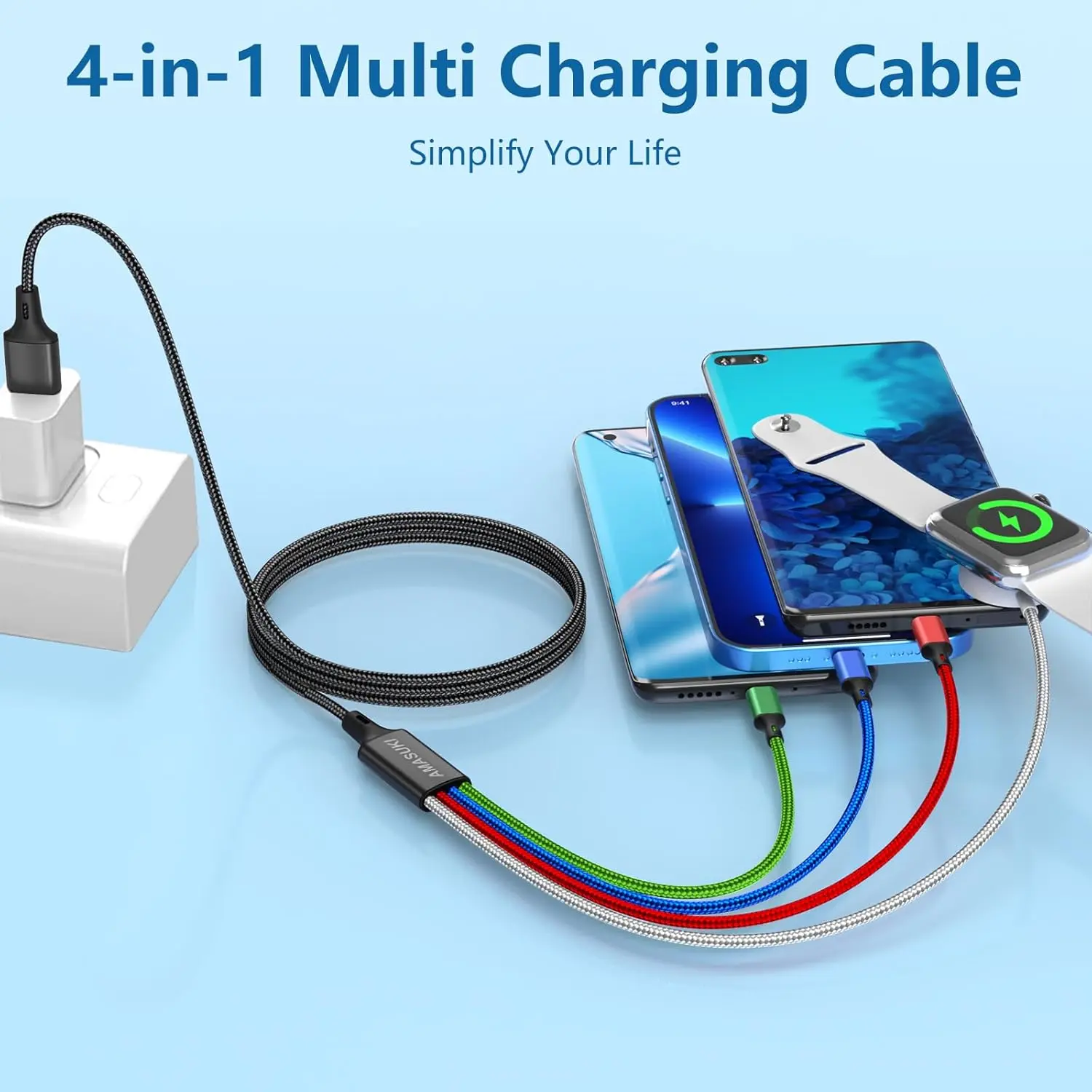 4-in-1 Magnetic Wireless Braided Charger Cable - Travel Charger with Lightning, Type-C, Micro USB for Apple Watch (Ultra/SE/Series), iPhone 17-12, Android Mobile Cellphone Electronic Devices