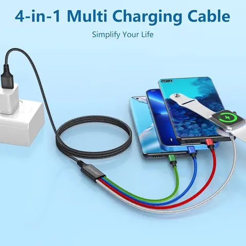 4-in-1 Nylon Braid Magnetic Charging Cable - Tangle-Free Wired Durable Travel Charger with Lightning, Type-C, Micro USB for Smart Watches (Ultra/SE/Series), iPhone 17-12, Mobile Smartphones, Electronic Devices