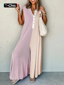 Women's Colorblock Print Button Jumpsuit, Casual Sleeveless Baggy Jumpsuit for Daily Wear, Ladies Clothes for All Seasons