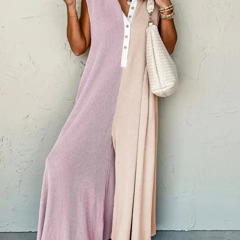Women's Colorblock Button-Front Knit Jumpsuit, Fashionable Jumpsuit, Chic Fashion Casual Sleeveless Wide-Leg Baggy One-Piece for Daily Wear, Ladies' Oversized Clothes for All Seasons
