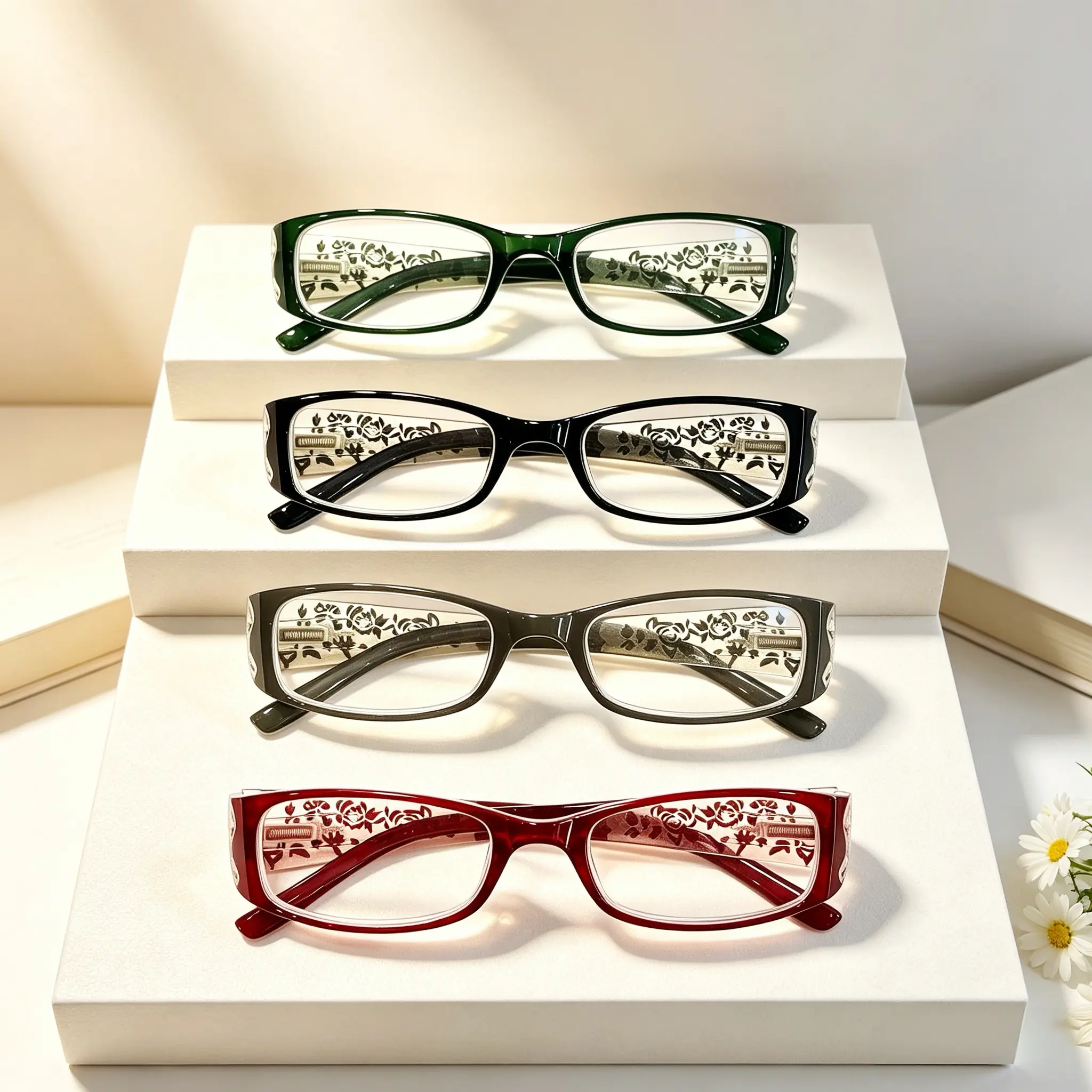 Women’s blue light blocking reading glasses, 4-pack; vintage engraved design reading glasses for presbyopia, prescription range +0.0 to +4.0; relieve eye strain; suitable for middle-aged users; ideal for mobile gaming and computer use; great birthday gift