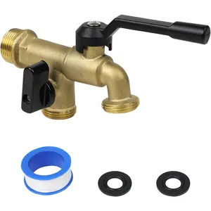Taps Faucet, Wall Mounted Two 3/4 inch Brass Ball Valves Tap Splitter, Frost-Outside Spigot with 2 Outlets for Home, Balcony, Hose Connector