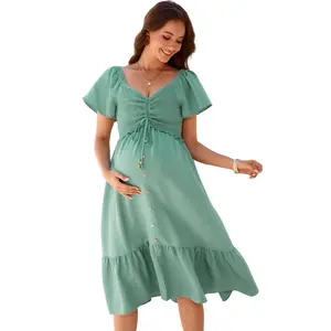 In-Stock Smocked Drawstring Long Maternity Dress – Non-Compressed Comfortable Fit, 100% Polyester, Adjustable Tie Waist, Flowing Pregnancy Dress for Everyday & Events line part  white