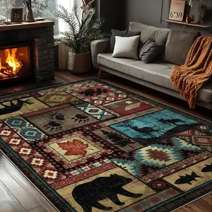 Rustic Cabin Lodge Rug Suitable for Living Room & Bedroom - Non-Slip Machine Washable Low-Pile Southwestern Bear Print, PVC/TPR Backing,