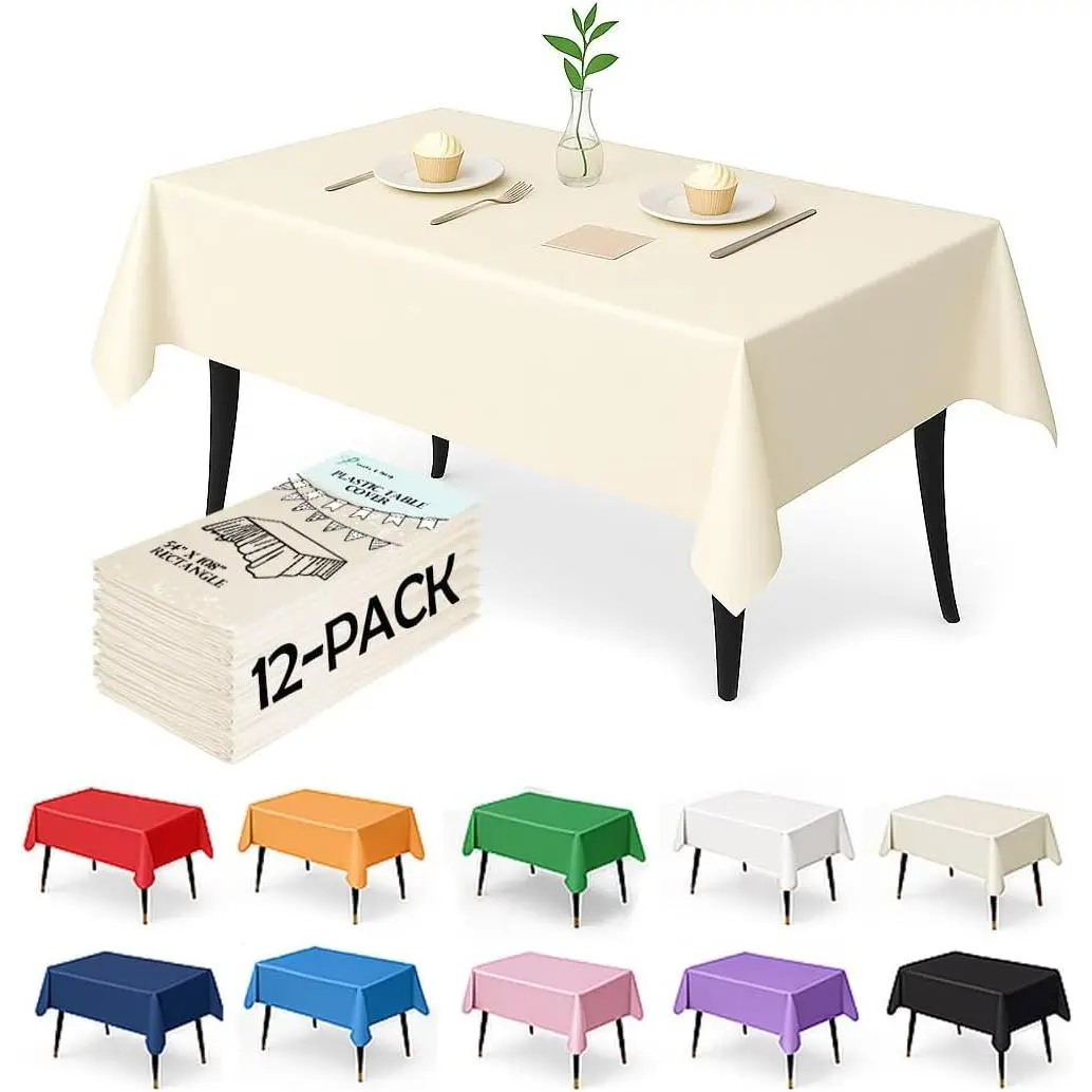 12-Pack  Plastic Tablecloths - 54 x 108 Inch Disposable Table Covers for Rectangle Tables, Heavy Duty &  for Parties, Events, Banquets,