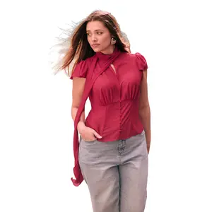 ELOQUII Women's Plus Size Flutter Sleeve Top With Necktie