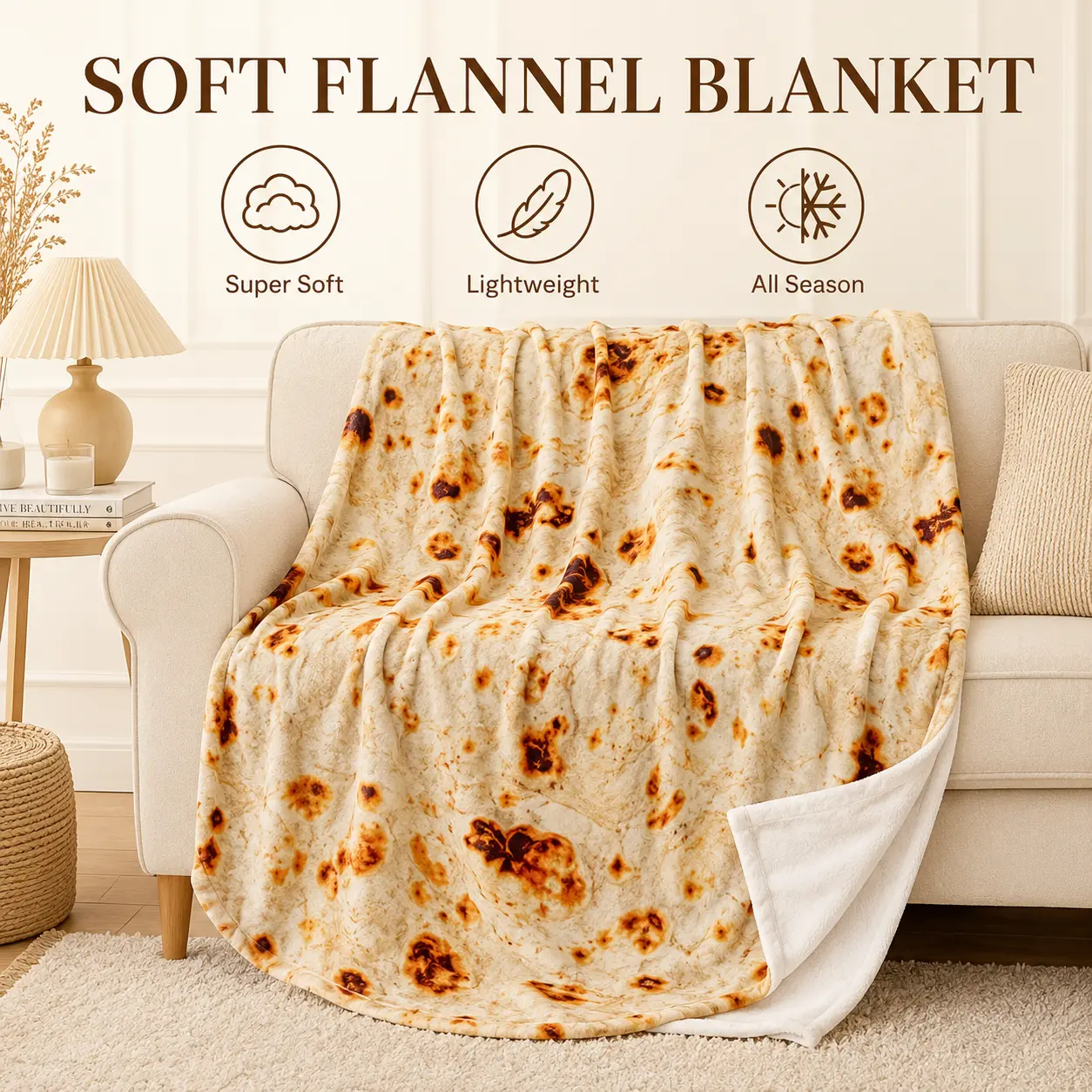 Funny Tortilla Flannel Throw Blanket - Soft Lightweight Realistic Mexican Food Print, 1-Sided Design with Plain White Reverse, Cozy All-Season Home Decor Gift for Adults, Bed Couch Chair, Tortilla Blanket
