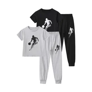 4-Piece Boys' Spring/Summer Printed Sports Set: Casual, Breathable Short-Sleeve T-Shirt and Cuffed Pants – Summer Outdoor Clothing for Children Ages 3–14