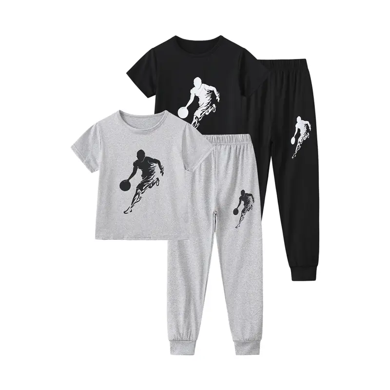 #SummerVibes 4-Piece Boys' Spring/Summer Printed Sports Set: Casual, Breathable Short-Sleeve T-Shirt and Cuffed Pants – Summer Outdoor Clothing for Children Ages 3–14