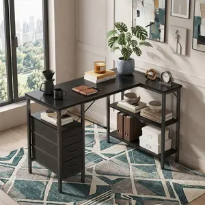 L-Shaped Corner Computer Desk with Shelves & Drawers, White Gaming Desk with Power Outlet, Adjustable Shelves Study Table for Home Office, Bedroom Reading Writing & Teacher Use