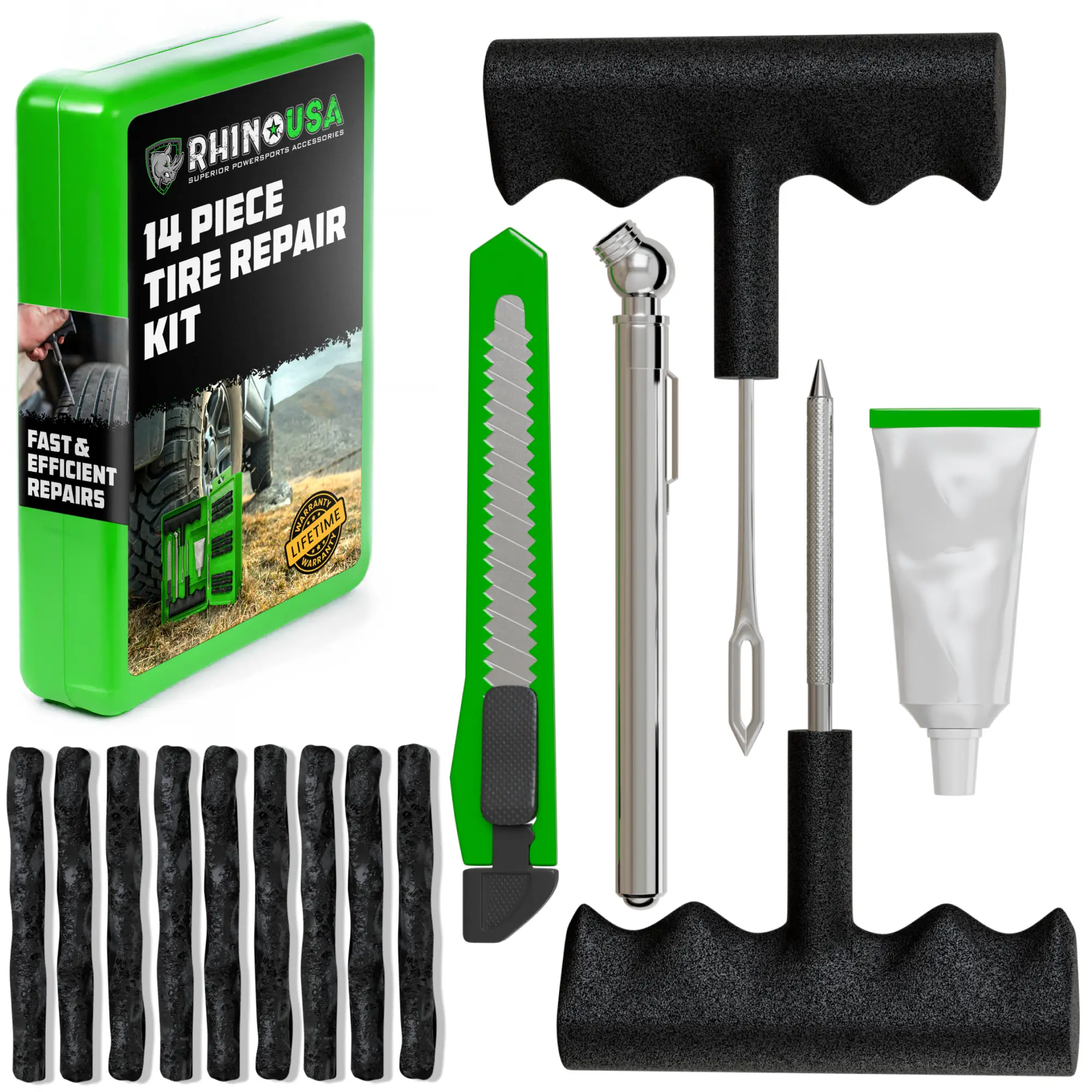 Rhino USA Tire Plug Kit for Flat Tire Repair Heavy Duty Compact Tire Patch Kit for Fixing Flat on Car, UTV, ATV, Motorcycle - Professional Tire Repair