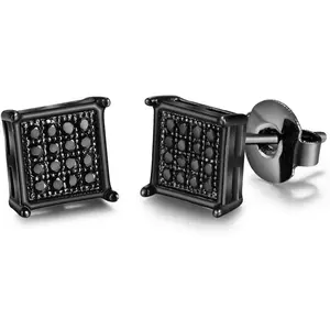 Hypoallergenic Black Square Men Earrings Studs Stainless Steel Earrings for Sensitive Ears Nickel Free Jewelry Diamond Unisex Hip Hop Studs