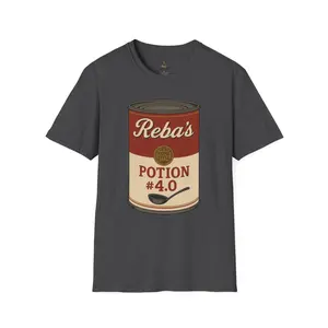 Reba's Potion #4.0 Short Sleeve T-Shirt - 100% Cotton Warhol-style Soup Can Design with Parody Nutrition Label Perfect for Shows and Late-Night Sets Classic Menswear Streetwear Tee