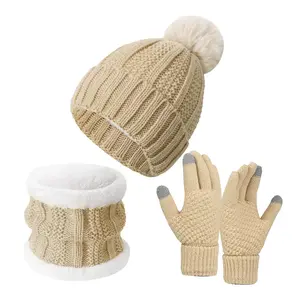 Winter Hat, Scarf, and Gloves Warmth Set (3PCS) Warm Wool-Lined Hat Knitted Touchscreen Gloves
