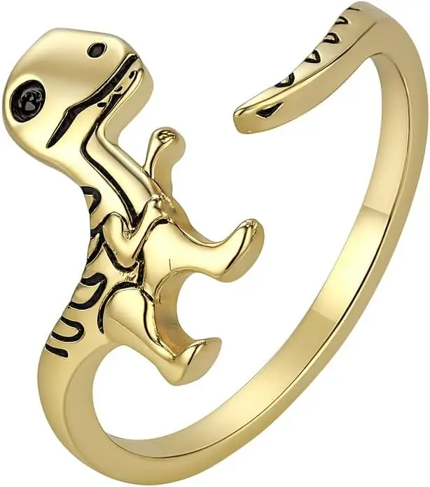 Unisex Cartoon T-Rex Dinosaur Adjustable Stainless Steel Ring - 15Mm Black Accents, Animals, Detailed Cartoon-Style Features, Casual Everyday Costume Jewelry, Gift Idea, Dinosaur Enthusiast Collectible