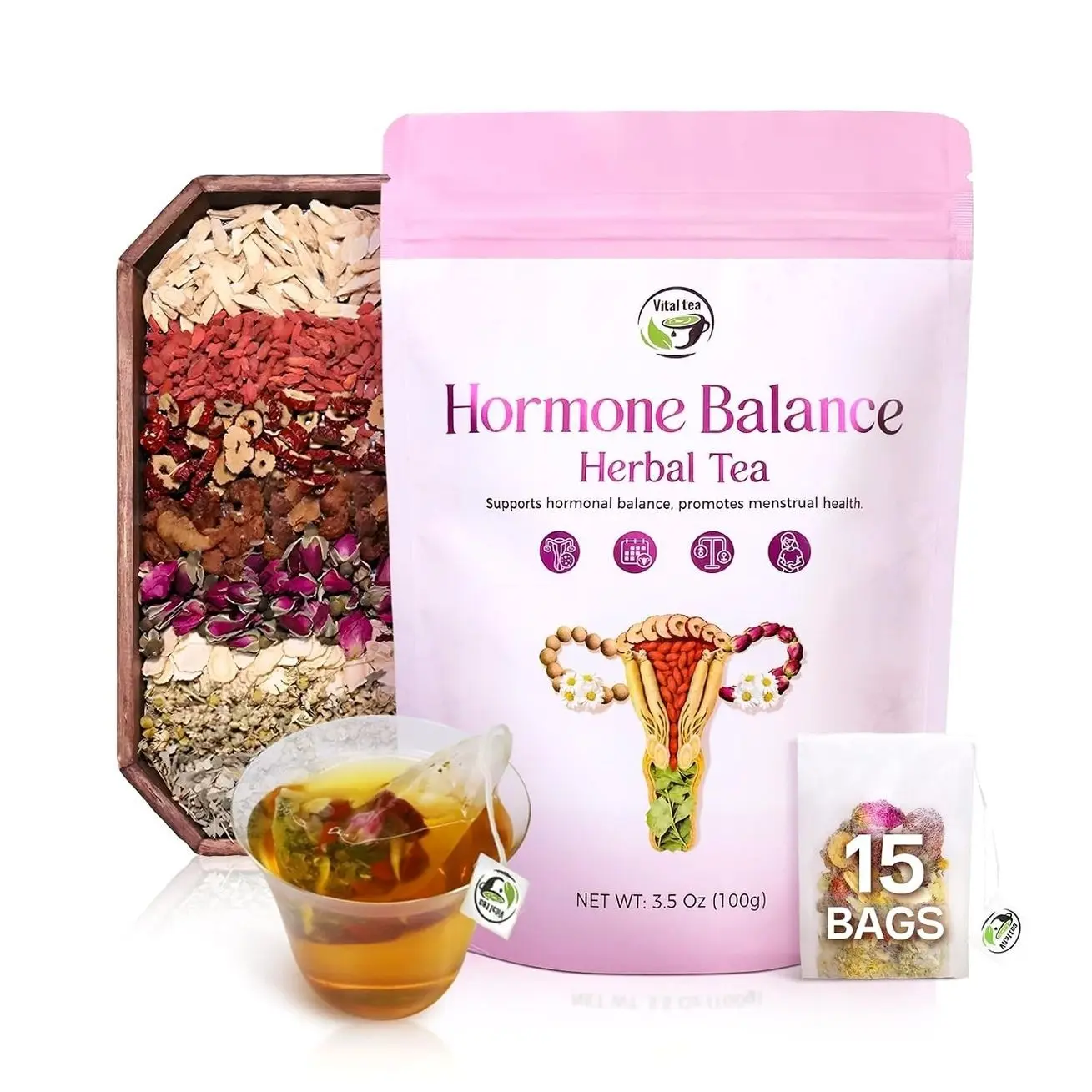 Vital Tea Hormone Balance Tea for Women, Soothing Chamomile & Raspberry Leaf Tea for Menstrual Cycle, PMS Support & Mood Balance - 100% Natural, Caffeine Free,15 Tea Bags