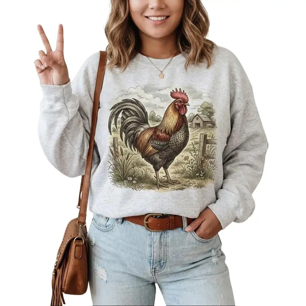 Women's Rooster Print Retro Unisex Cotton Pullover Sweatshirt, Vintage Boho Style