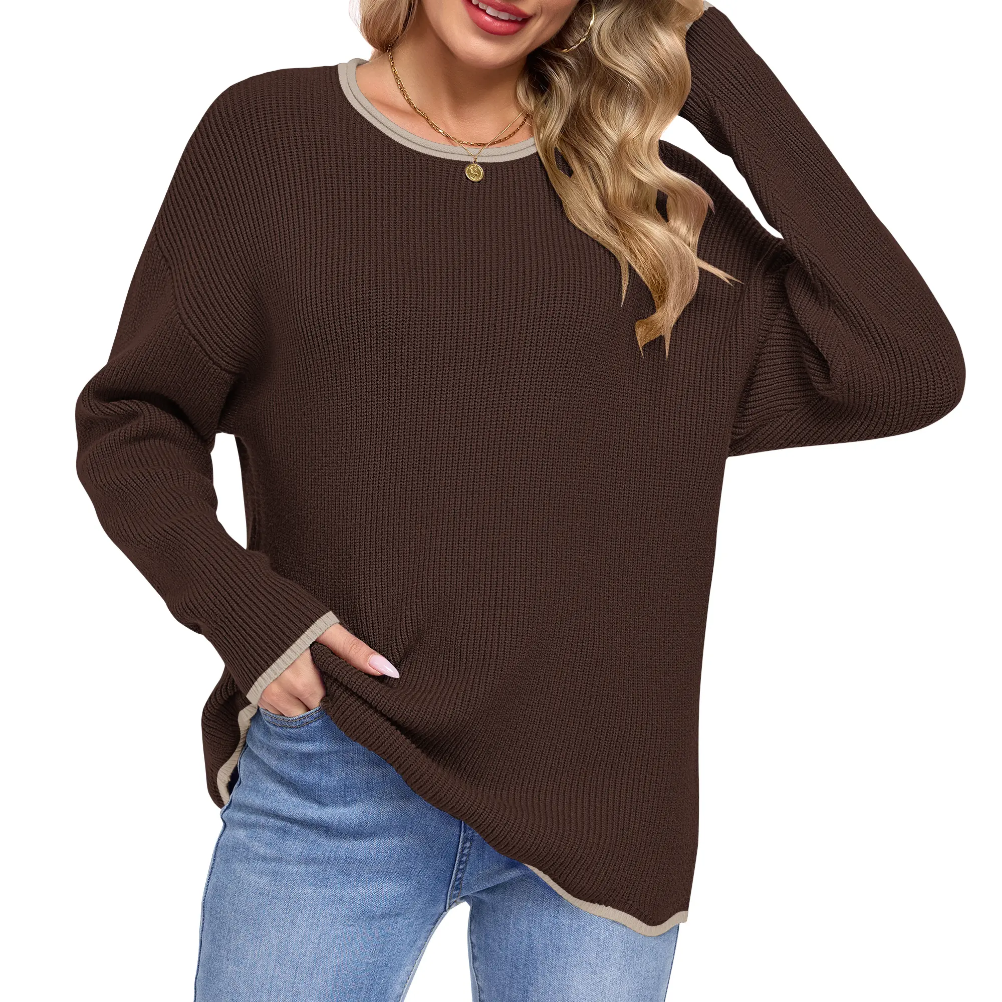 MOLERANI Women's Ribbed Knit Sweaters - Casual Crewneck Long Sleeve Pullover Sweater Tops Lightweight Soft Oversized Loose Fit Jumper with Contrast Trim 2026 Womenswear Fall Winter Outfits Base Layer