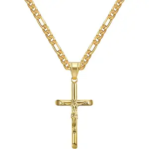 Crucifix Cross Necklace for Men Women 18k Gold Plated Stainless Steel Men's Cross Crucifix Pendant Necklace with Jesus 3mm 20" Figaro Link Chain for Men Women Catholic Easter Christian Christmas Gift Waterproof No Tarnish Jewelry Stylish Y2k Accessories