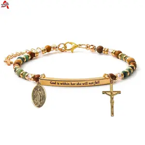 Religious Beaded Bracelet with Engraved Bar, "God is within her she will not fall" Quote, Miraculous Medal & Crucifix Charm, Christian Faith Jewelry for Women