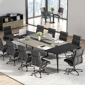LITTLE TREE 8FT Conference Table, 94.48L x 47.21W x 29.52H Inches Boat Shaped Meeting Table with Rectangle Grommet, Modern Seminar Boardroom Table for Office Conference Room