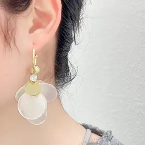 Light Luxury Simulated Shell Zircon Slice Large Hoop Long Earrings with S925 Silver Needles, Stylish Trendy Long Drop Earrings
