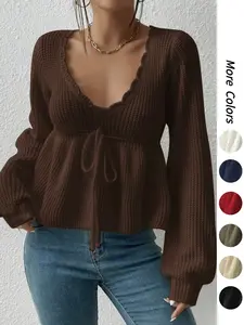 Women's Plain Drawstring Tie Front Scallop Trim Crop Knit Top, Casual Bishop Sleeve Deep V Neck Lightweight Knitwear for Fall & Winter, Fashion Ladies' Knit Clothing for Daily Wear, Autumn Fashion Long Sleeves Sweater Top