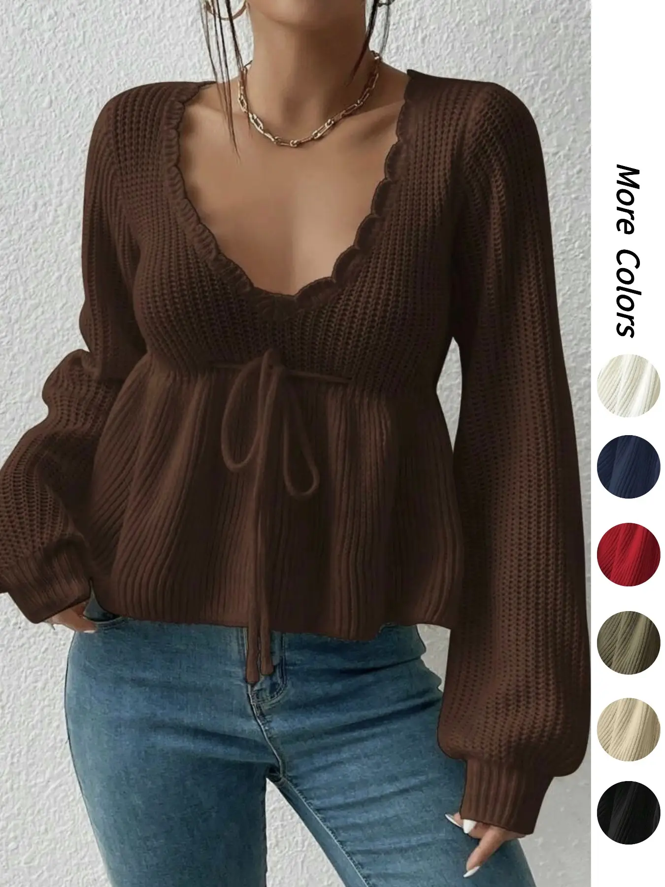 Women's Plain Drawstring Tie Front Scallop Trim Crop Knit Top, Casual Bishop Sleeve Deep V Neck Lightweight Knitwear for Fall & Winter, Fashion Ladies