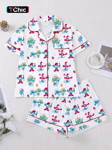 Women's 2-Piece Elf Print Sleepwear Set, Short Sleeve Button Front Top and Elastic Shorts, Comfortable Casual Home Wear, Festive Pajamas, Pjs