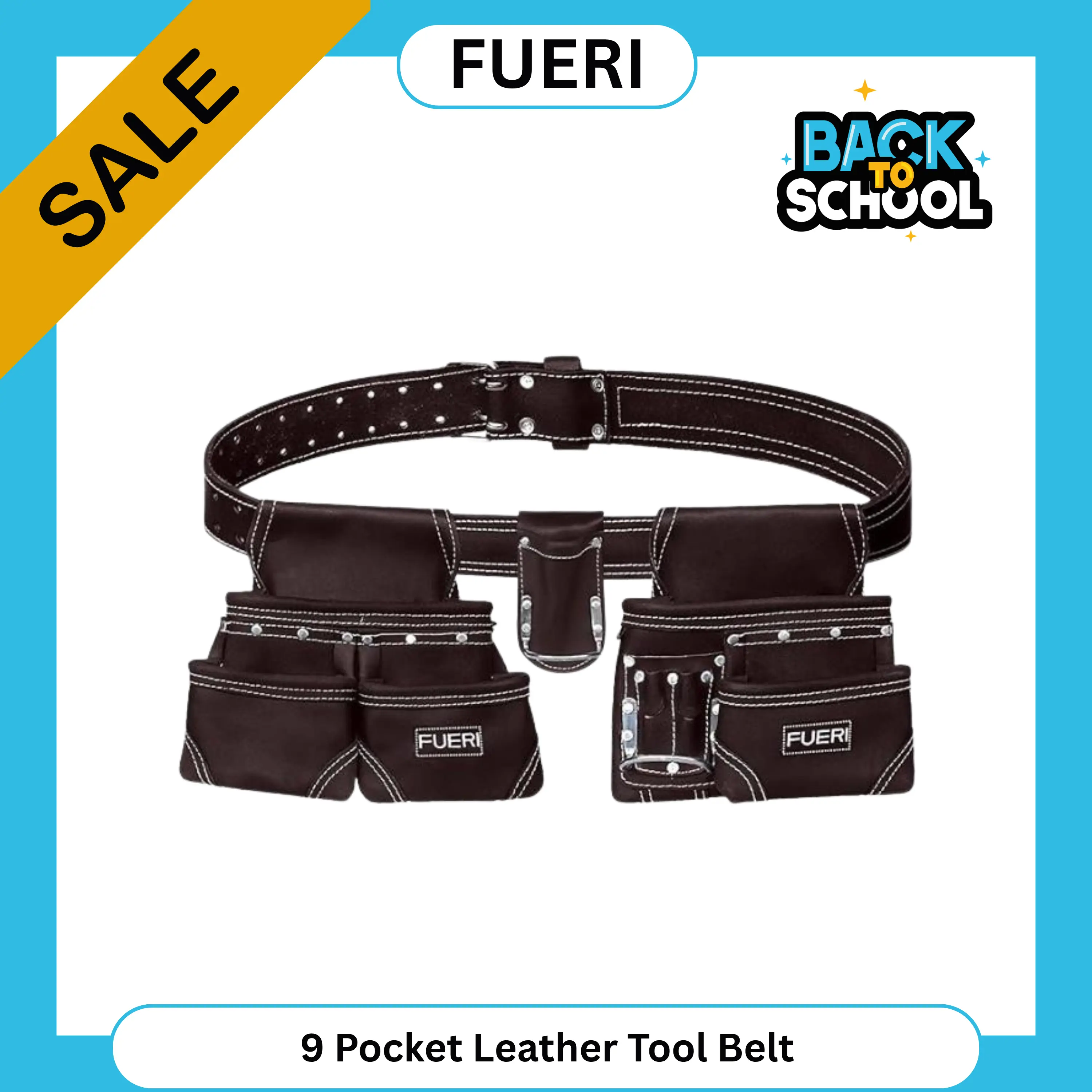 FUERI 9-Pocket Cowhide Tool Bag Organizer - Waist-Mounted Clip-On Utility Belt, Padded Strap, Large Pouches, Hammer Holder, Suspender Loops, Ideal for Construction Workers, Tool Pockets, Cowhide Tool Bags campingessentials