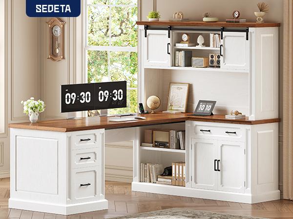SEDETA 67" Farmhouse L Shaped Desk with Hutch, Executive Home Office Desks with 4 Drawers & Storage Cabinet, Corner Computer Desk with Sliding Doors, File Drawer & Power Outlet SEDETA 67" Farmhouse L Shaped Desk with Hutch, Executive Home Office Desks with 4 Drawers & Storage Cabinet, Corner Computer Desk with Sliding Doors, File Drawer & Power Outlet