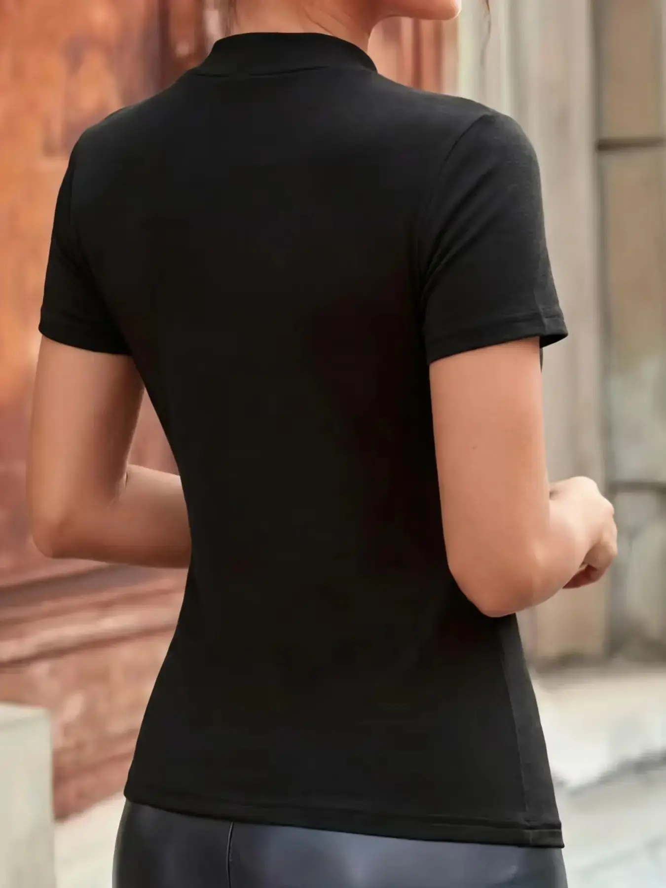Women's Slim Fit Ruched Asymmetrical Top, High Neck Short Sleeve Knit T-Shirt, Basic, Casual Plain Design, Easy Care, X Type Silhouette