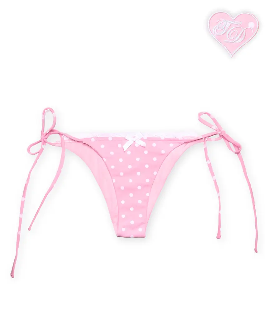 Strawberries and Cream Bikini Bottom- Y2K Micro Bikini Pink with White Polka Dots and Bow