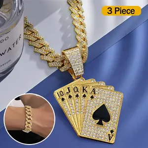 Edgy Punk Hip Hop Cuban Chain Jewelry Set - Unisex Necklace and Bracelet with Poker Pendant, A Bold Street Accessory for Party, Daily Wear and Fashion Gift
