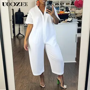 UOOZEE Women's 2026 New Summer White Straight with Pockets Jumpsuits, Loose Short Sleeves Buttoned Solid Color Lapel Collar Casual Romper Streetwear
