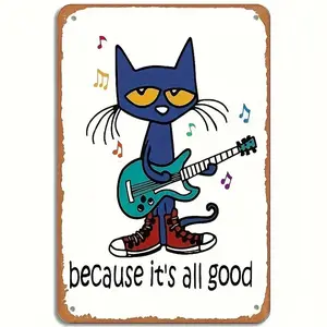 1PC 2D Plane Pete the Cat Playing Guitar Metal Wall Decor - High-Quality Iron Decorative Poster, Suitable for Home and Bars, Quirky Music Theme Artwork, Durable Indoor/Outdoor Display, Unique Gift Idea Ornaments Decoration Room Artistic Photo