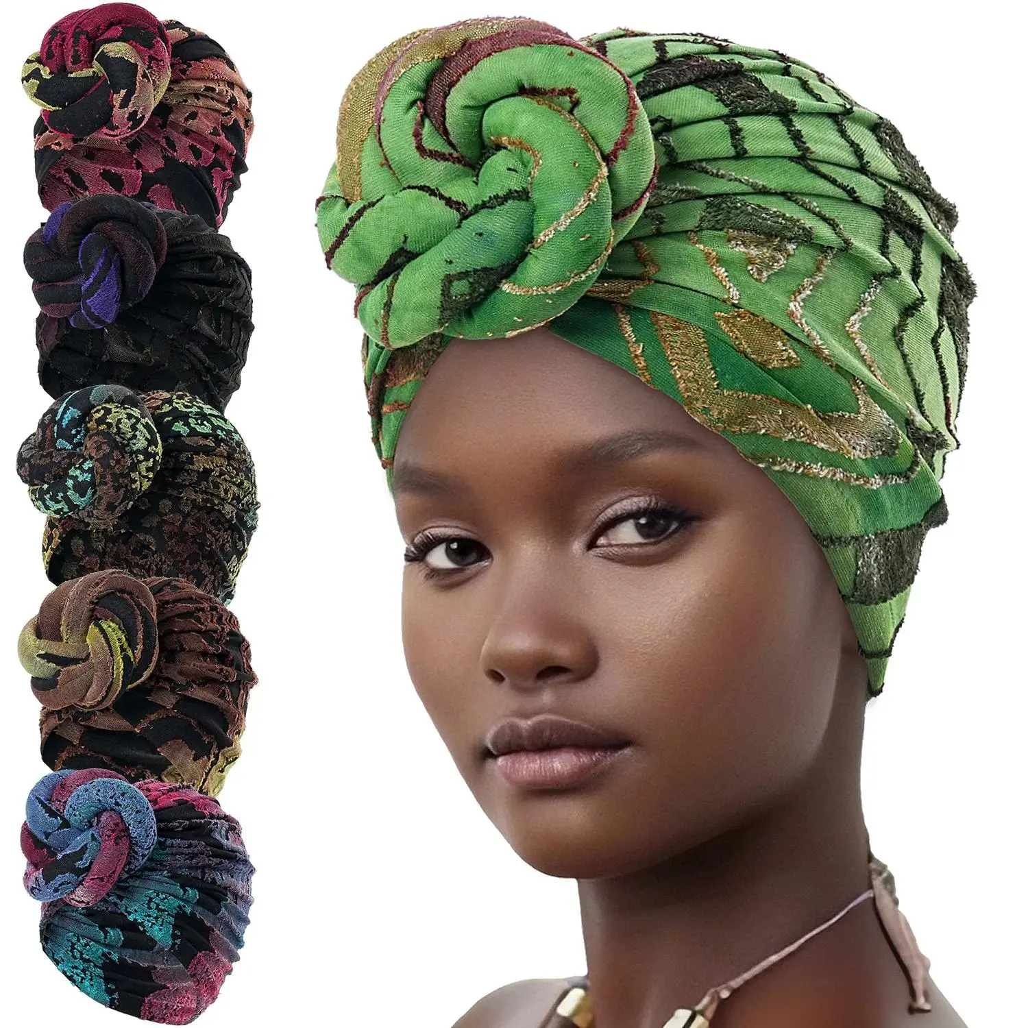 Women's All-Seasons Floral Pattern Pre-Made Top Knot Turban, Stretch Flower Head Wrap, Chemo Cap Headscarf Beanie