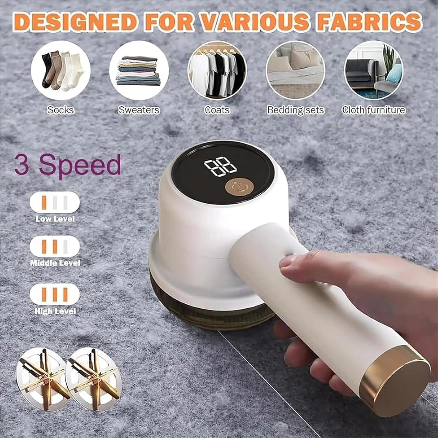 Rechargeable Fabric Shaver with 2 Replaceable Stainless Steel 6-Leaf Blades(1 Free Extra Included) | Lint Remover with 3-Speed Settings & LED Display