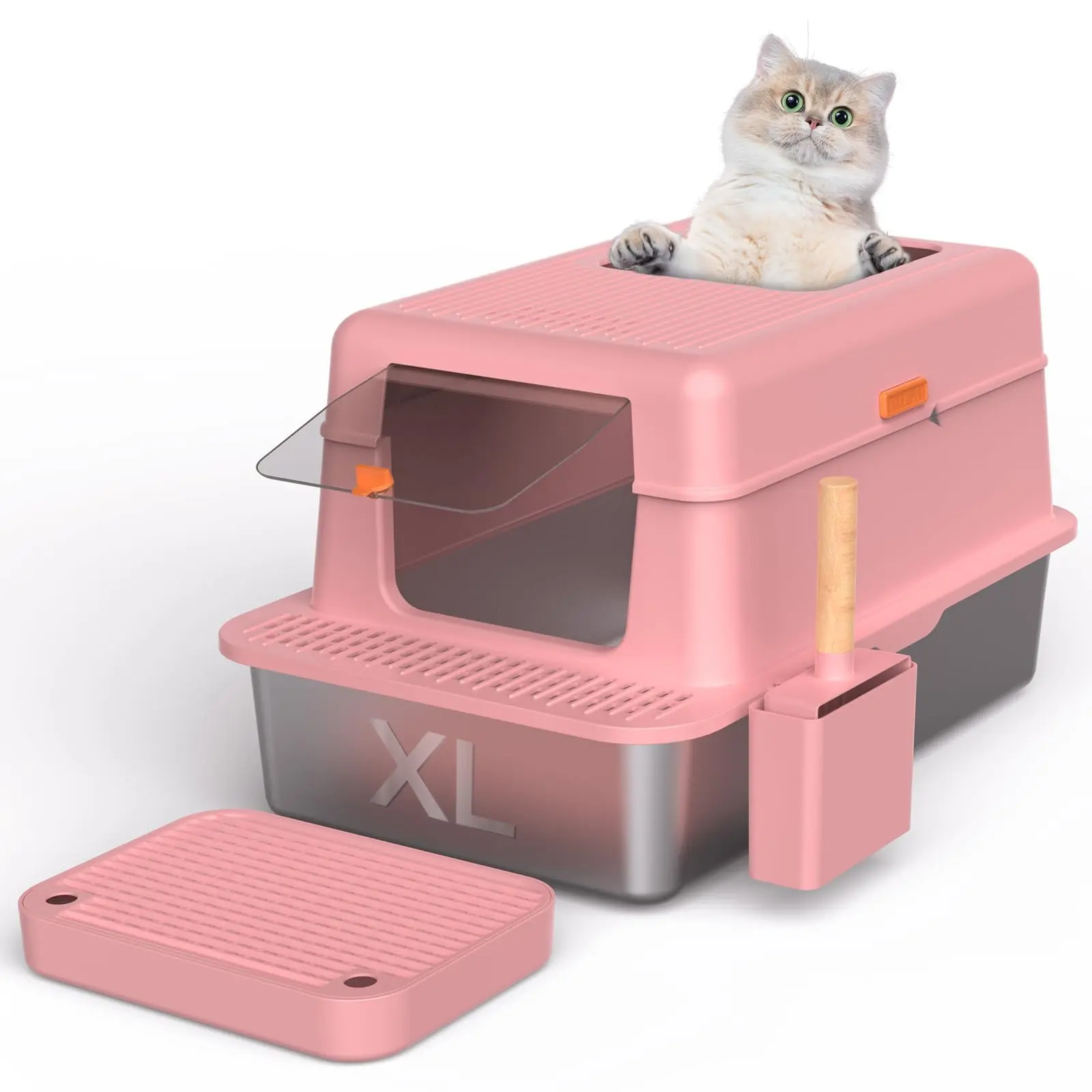 Metal Litter Box with Lid, 36L Extra Large Litter Box XL for Big Cats Top Entry Stainless Steel Litter Box with Double Filter Pedal & Scoop High Sided & Non-Sticky & Anti-Leakage