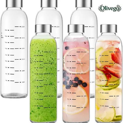 【Olivego】 Thick Glass Water Bottles with Stainless Steel Cap - 17oz & 25oz Durable BPA-Free Tumbler, 100% Leak-Proof Dishwasher Safe Car Cup Holder Friendly, Great for Juicing Work Travel, Family Kitchenware Drinkware Gift