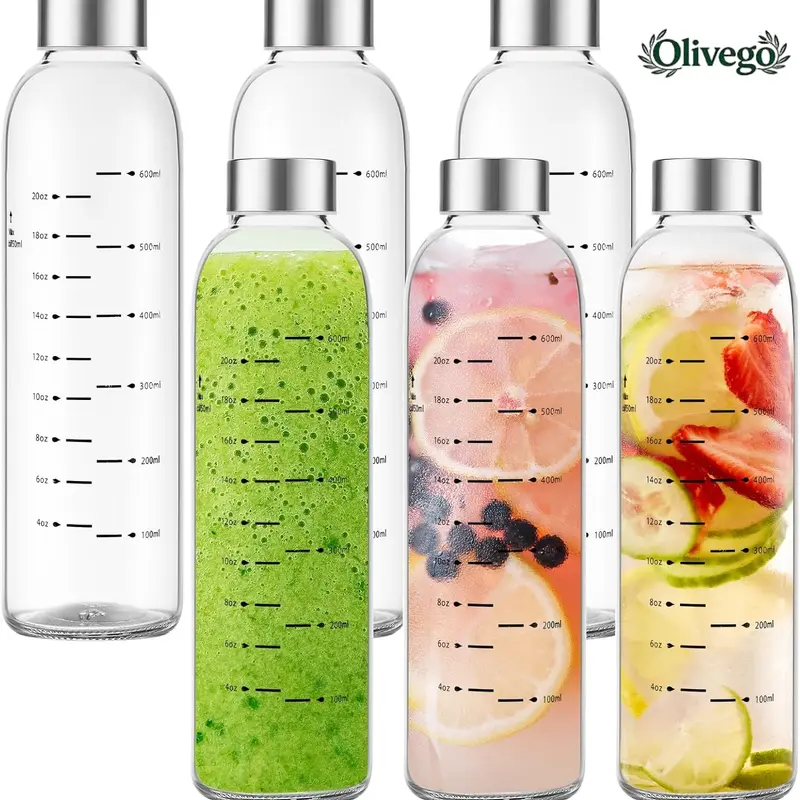 【Olivego】 Thick Glass Water Bottles with Stainless Steel Cap - 17oz & 25oz Durable BPA-Free Tumbler, 100% Leak-Proof Dishwasher Safe Car Cup Holder Friendly, Great for Juicing Work Travel, Family Kitchenware Drinkware Gift