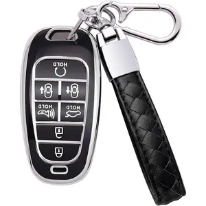 for Hyundai Key Fob Cover 7 Button with Leather Keychain Soft TPU 360 Degree Protection Car Key Case Shell Holder Fits for 2023 2022 2021 2020 Hyundai Sonata Santa fe Tucson, Black