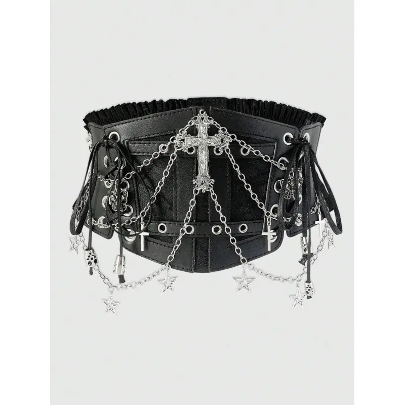 Goth 1pc Women Black Lace Chain Skull Cross Tie Decor Elastic Waistband Goth Dress Accessory For Halloween