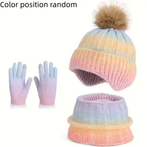Ombre Gradient Beanie Hat with Ear Flaps - Stretchy Unisex Winter for Boys & Girls 3-10 Years, Elastic Fit, Soft Warm Knit with Color-Changing Design, Cute Winter Hats