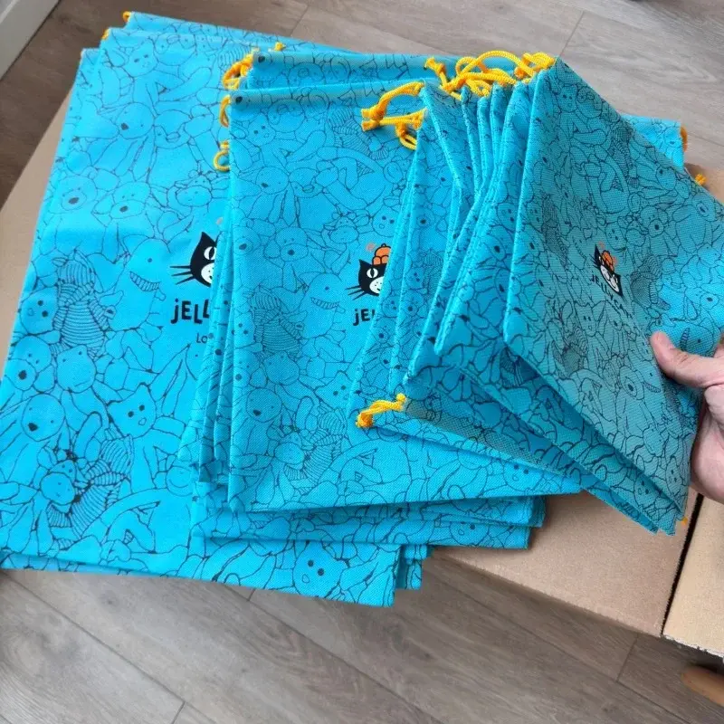 Jelly Cat Blue Drawstring Bags with Yellow Drawstrings and Cat Design for Storage and Organization