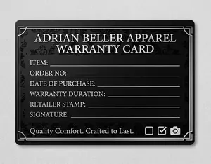 ADRIAN BELLER APPAREL - WARRANTY CARD