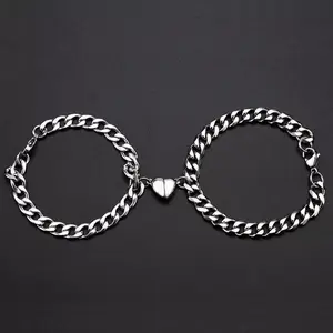 Stainless Steel Magnetic Heart Couple Bracelets| Cuban Link Chain Matching Bracelets for Couples